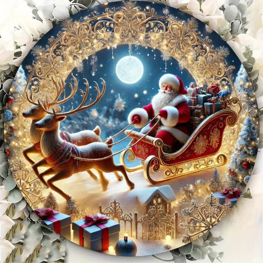 Santa Claus Sleigh Round Metal Wall Sign – Festive Aluminum Christmas Decor