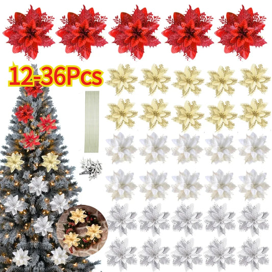 12/24/36Pcs Glitter Poinsettia Christmas Flowers Ornaments