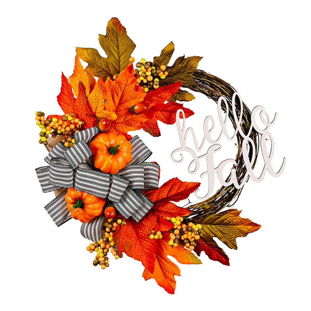 40cm Maple Leaf Pumpkin Wreath Thanksgiving Garland Door Hanger Front Door Autumn Wreath for Thanksgiving Harvest Party Decor
