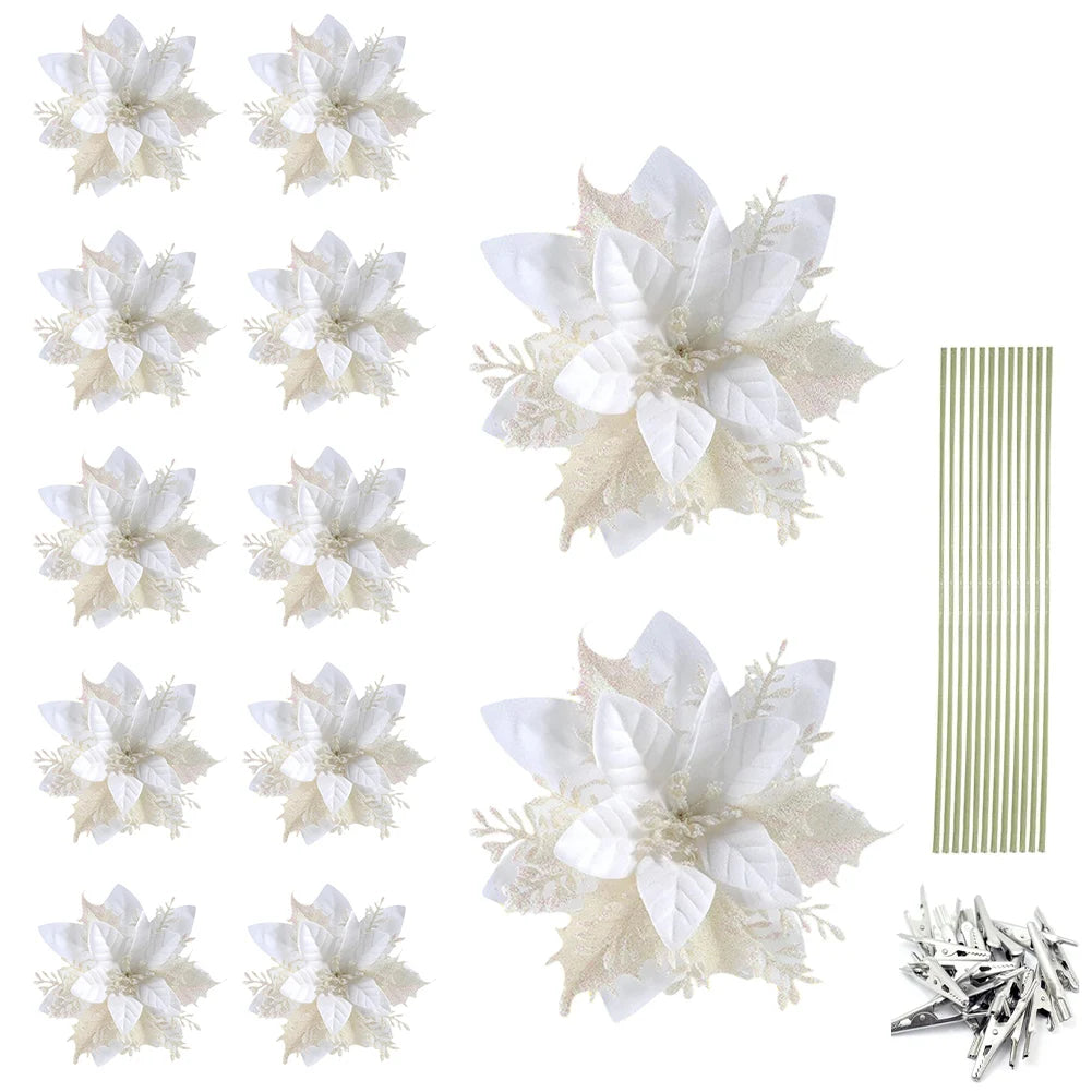 12/24/36Pcs Glitter Poinsettia Christmas Flowers Ornaments