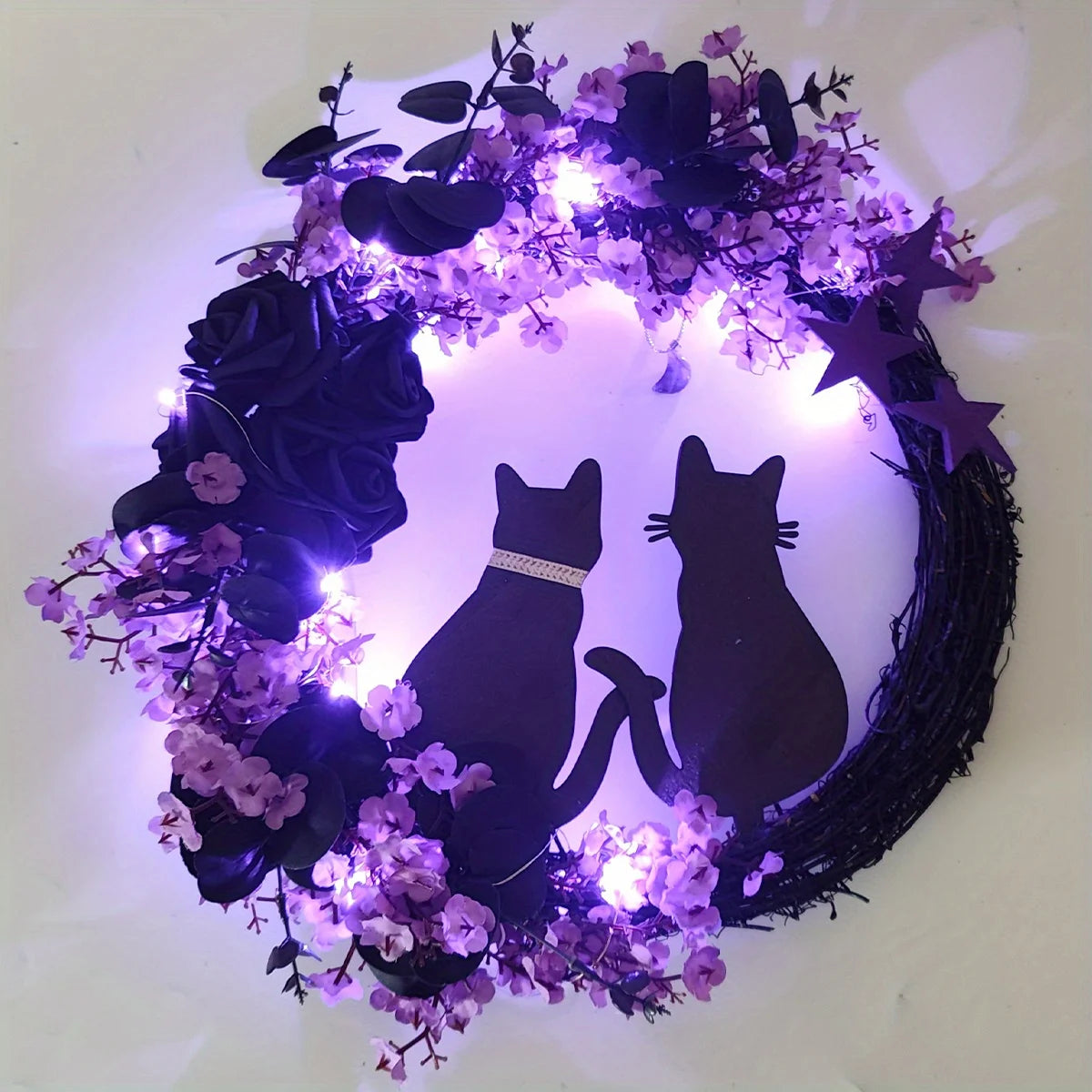 Black Cat Halloween Wreath – Crescent Spooky Front Door Décor