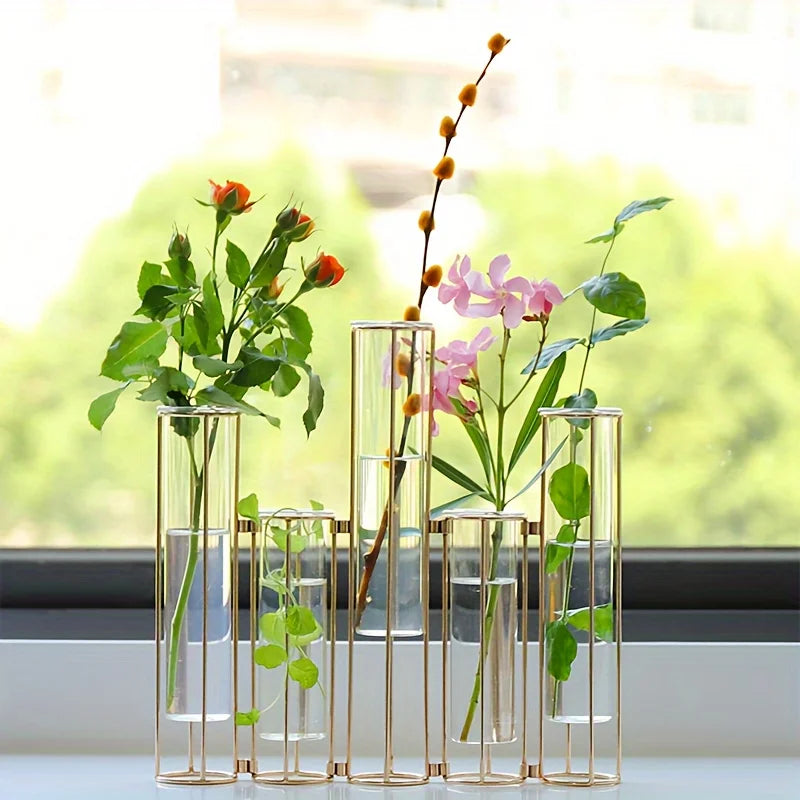 Gold Test Tube Vase with Metal Stand