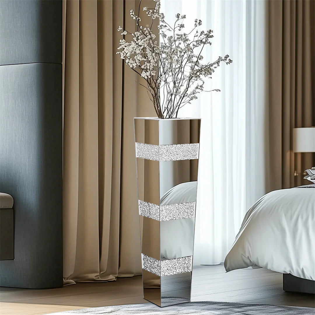 Modern Crystal Silver Mirrored Floor Vase – Luxury Decorative Standing Flower Vase