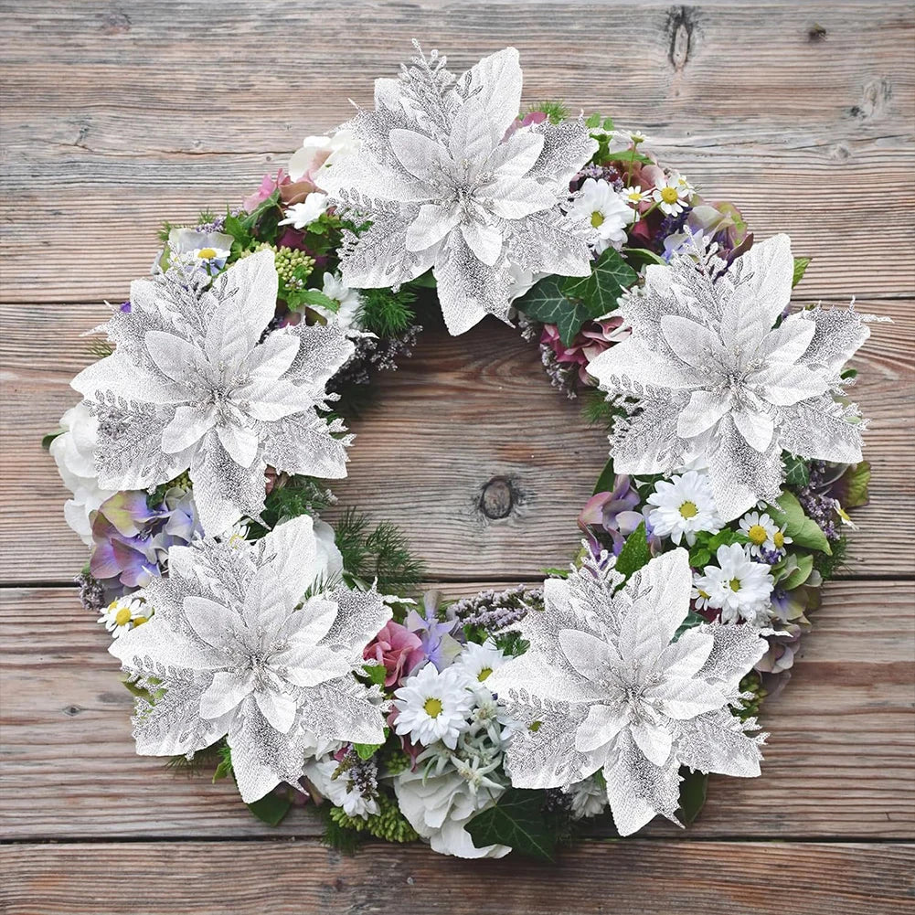 12/24/36Pcs Glitter Poinsettia Christmas Flowers Ornaments