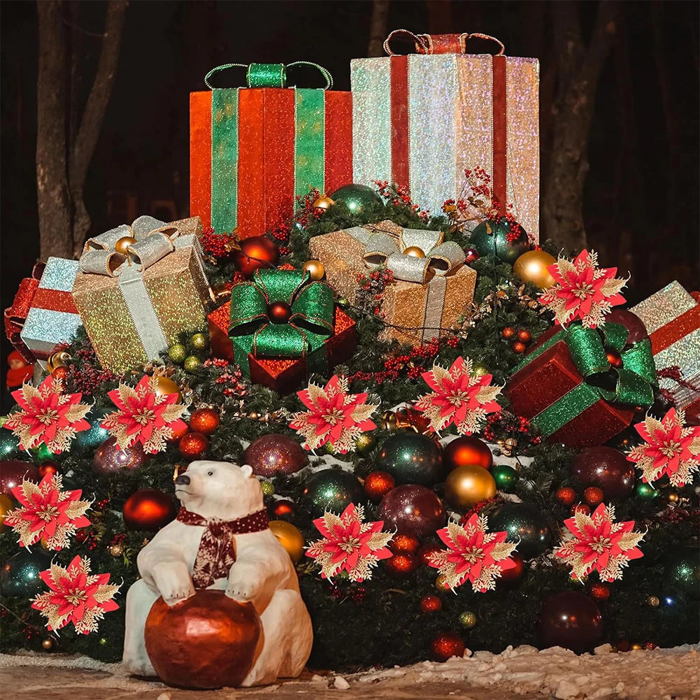 12/24/36Pcs Glitter Poinsettia Christmas Flowers Ornaments