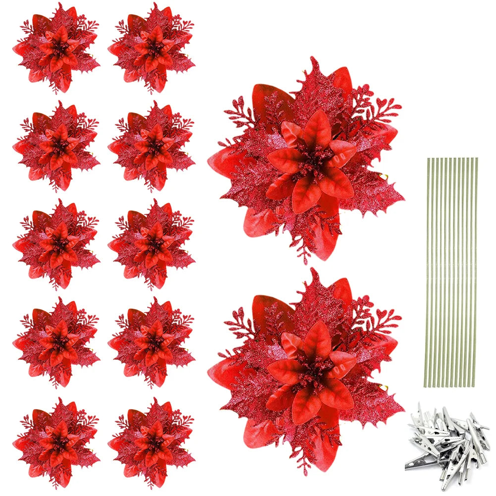 12/24/36Pcs Glitter Poinsettia Christmas Flowers Ornaments