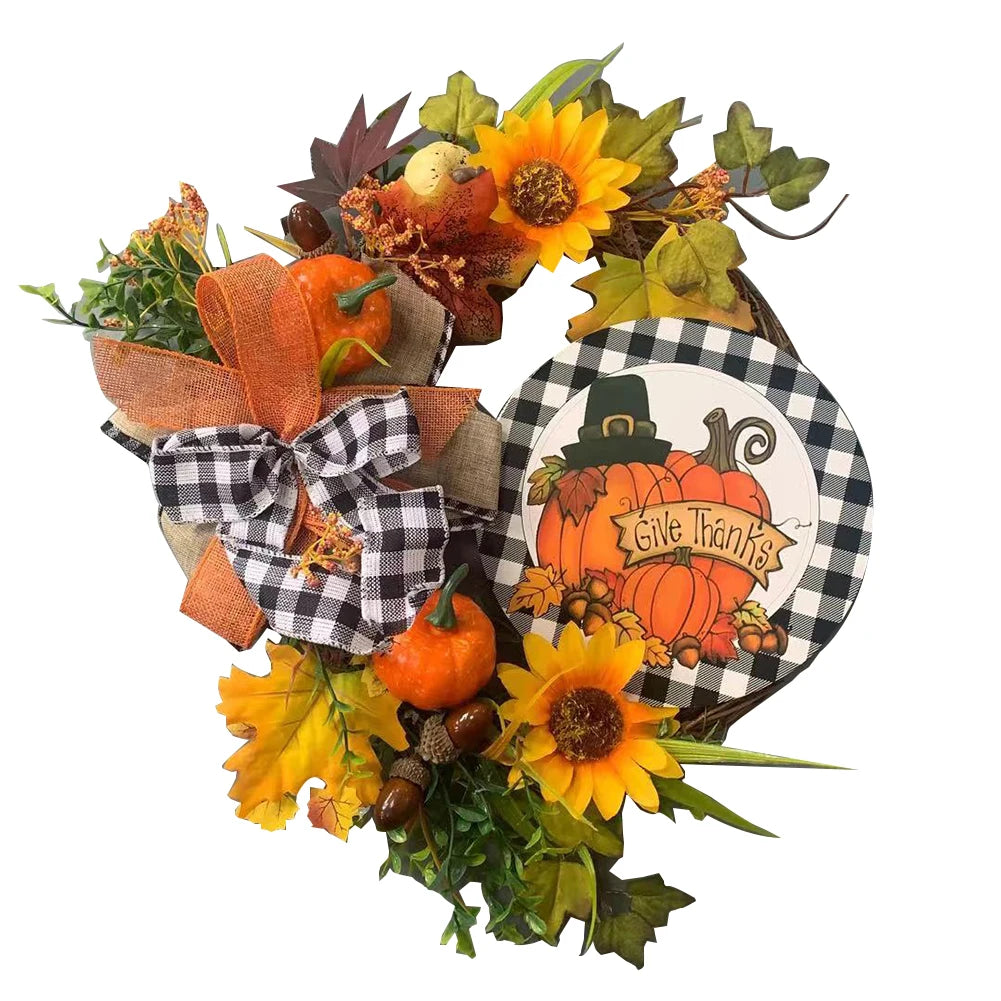 40cm Maple Leaf Pumpkin Wreath Thanksgiving Garland Door Hanger Front Door Autumn Wreath for Thanksgiving Harvest Party Decor