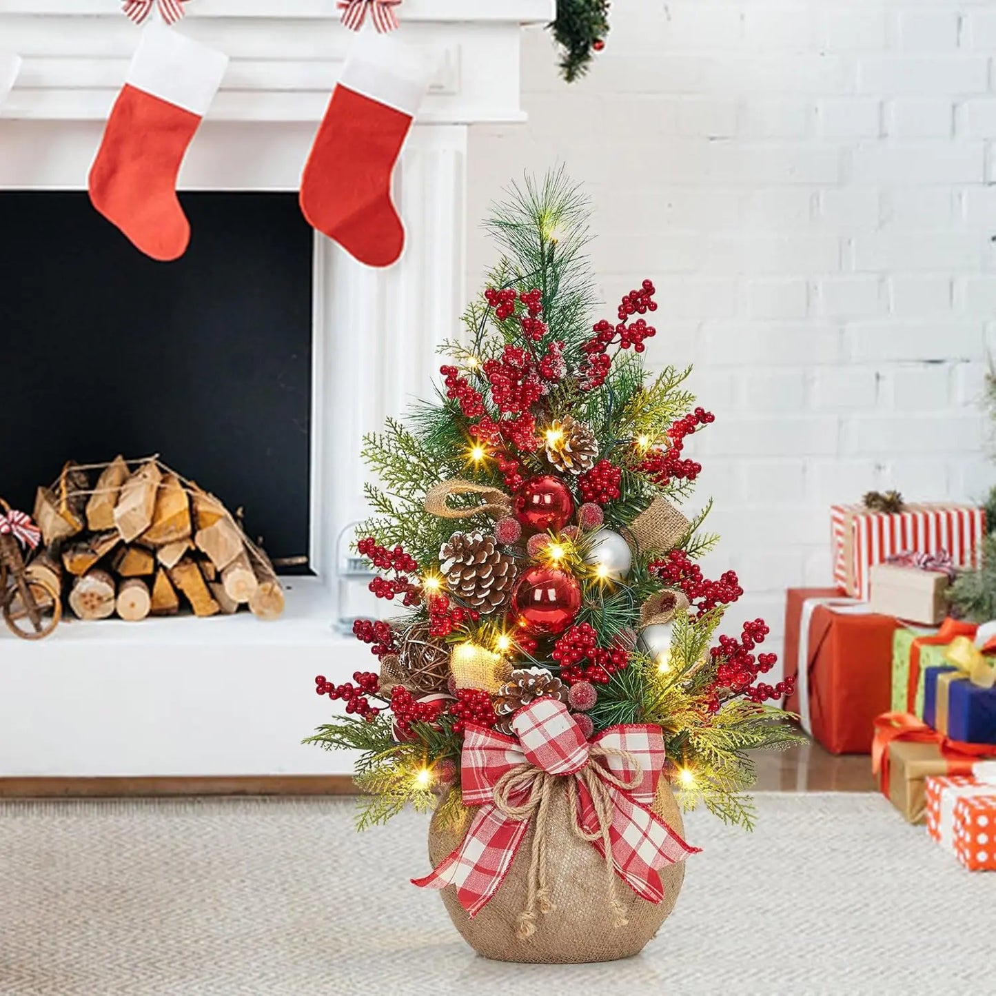 24-Inch Pre-Lit Mini Christmas Tree with Ornaments & Bow