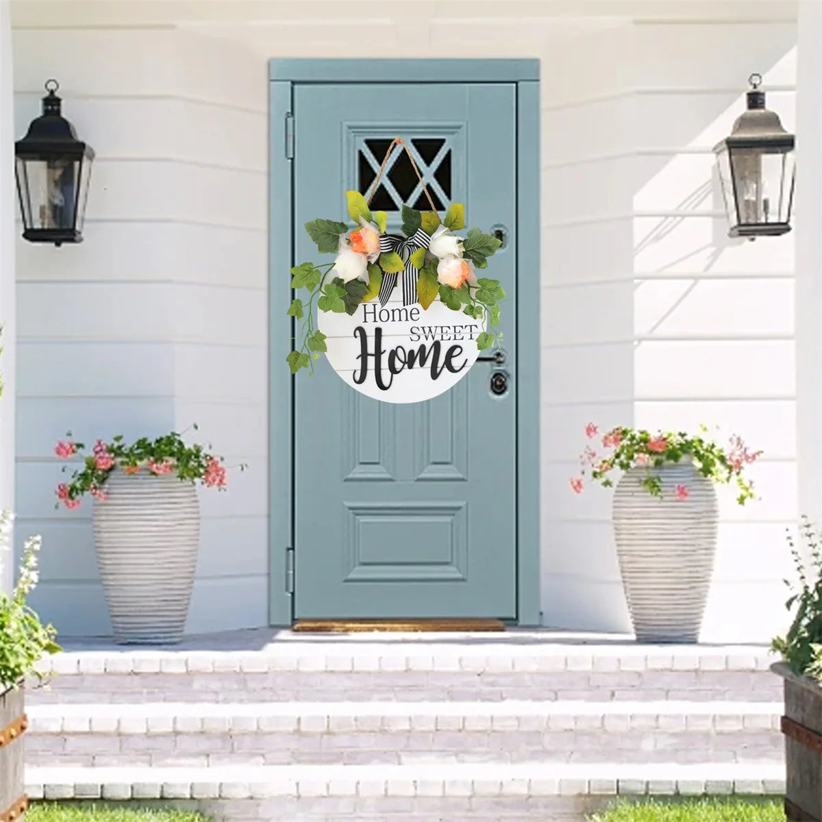 Rustic Wooden Welcome Sign with Flower Wreath