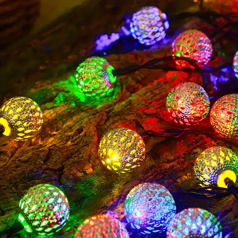 Solar Moroccan Metal String Lights – Colorful Outdoor Fairy Lights for Holidays