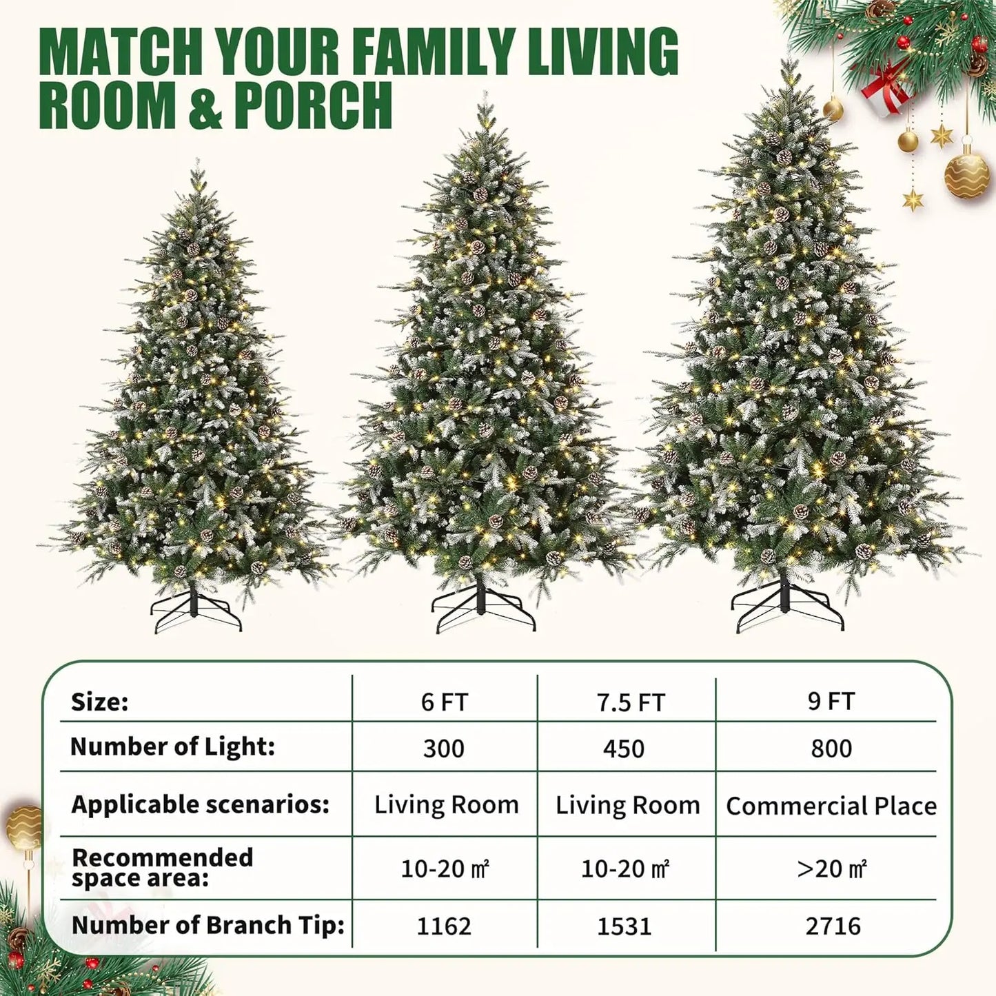 Pre-Lit Snow Flocked Slim Christmas Tree – 6ft/7.5ft/9ft Artificial Tree with LED Lights & Pine Cones