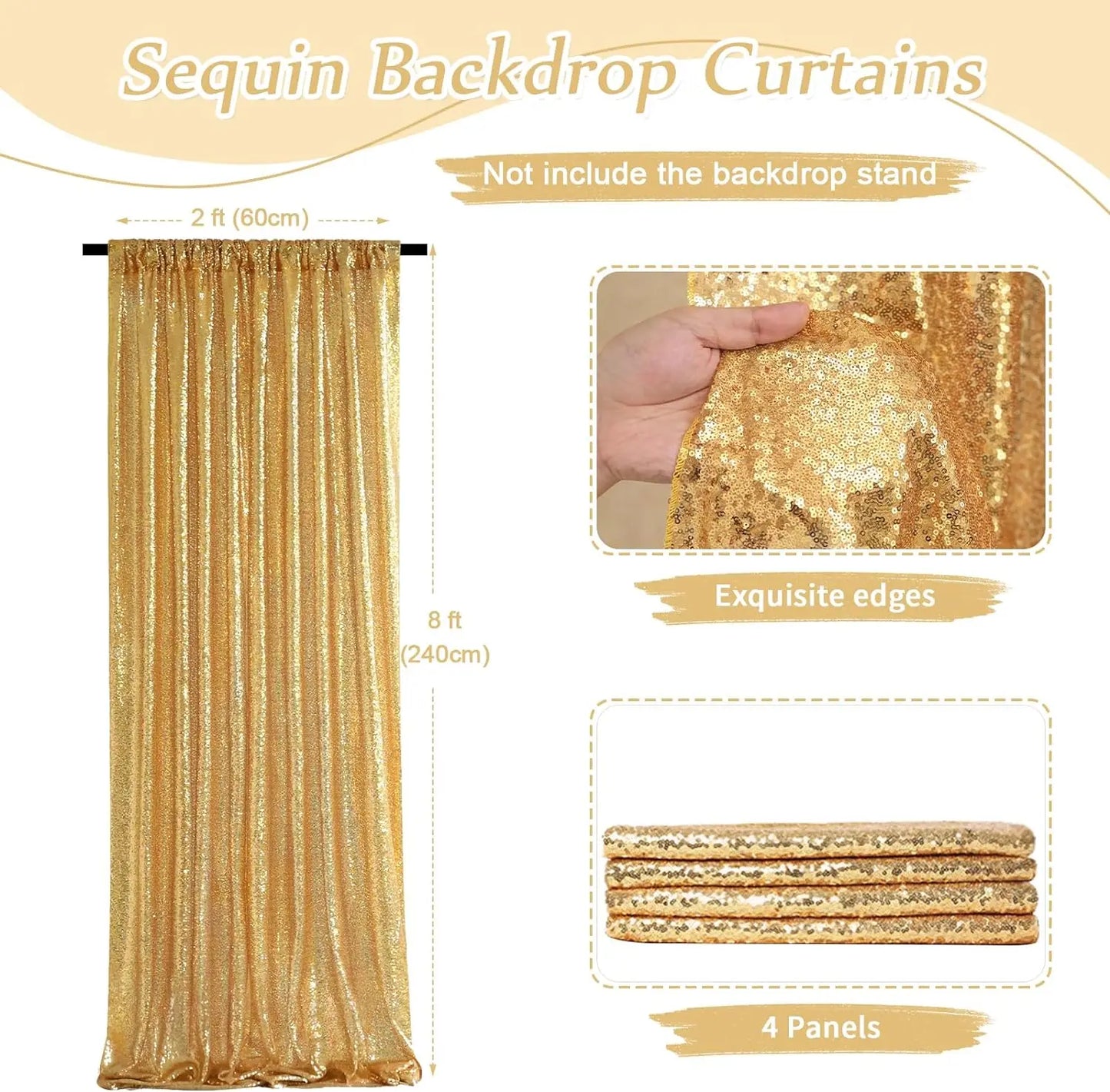 4-Pack Gold Sequin Backdrop Curtains – 2×8FT Glitter Fabric Panels for Parties & Weddings
