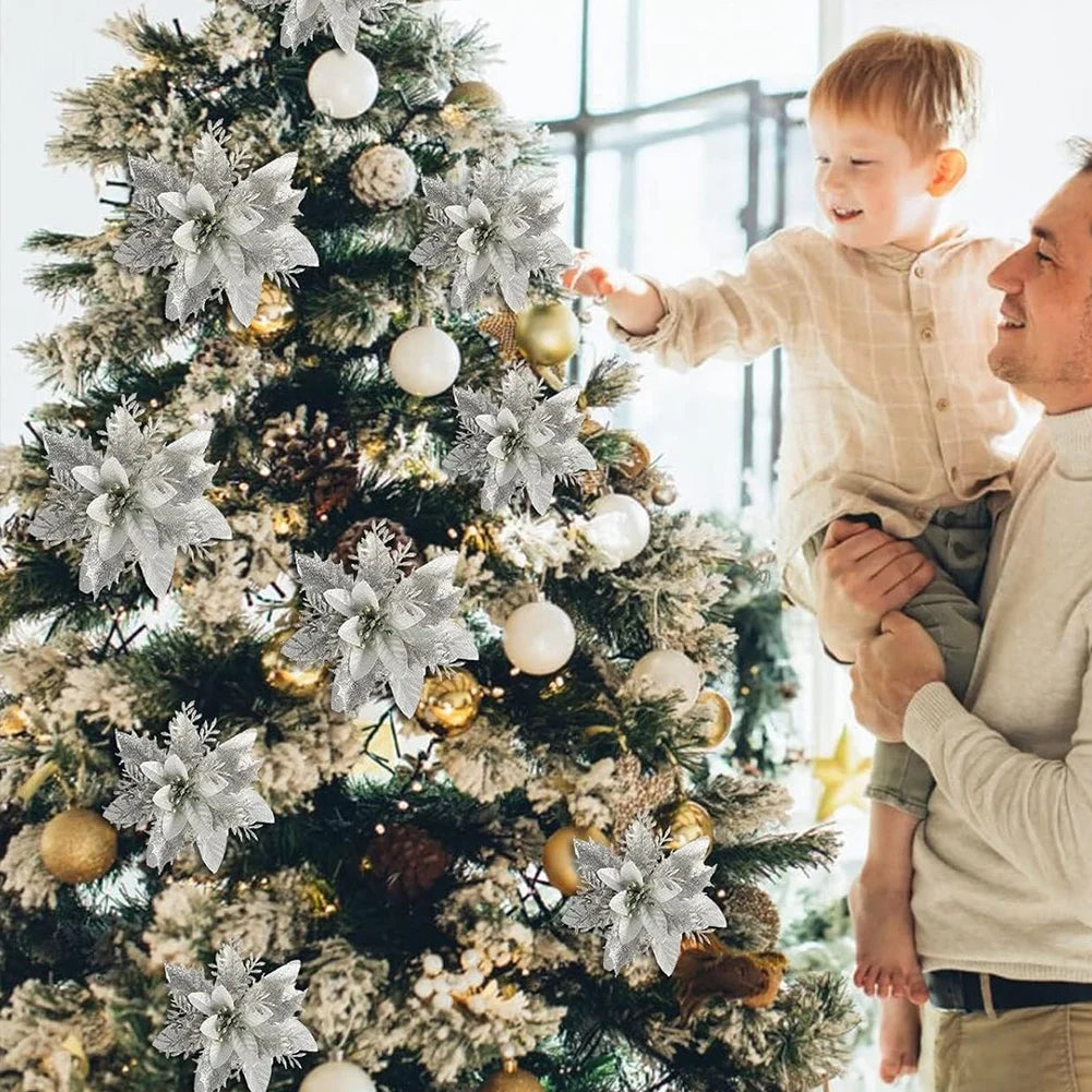 12/24/36Pcs Glitter Poinsettia Christmas Flowers Ornaments