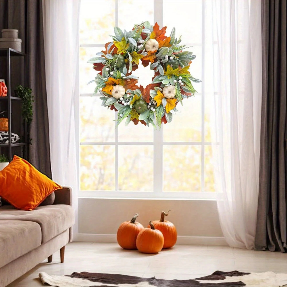 Thanksgiving Autumn Harvest Pumpkin Wreath – Rustic Front Door Welcome Decor