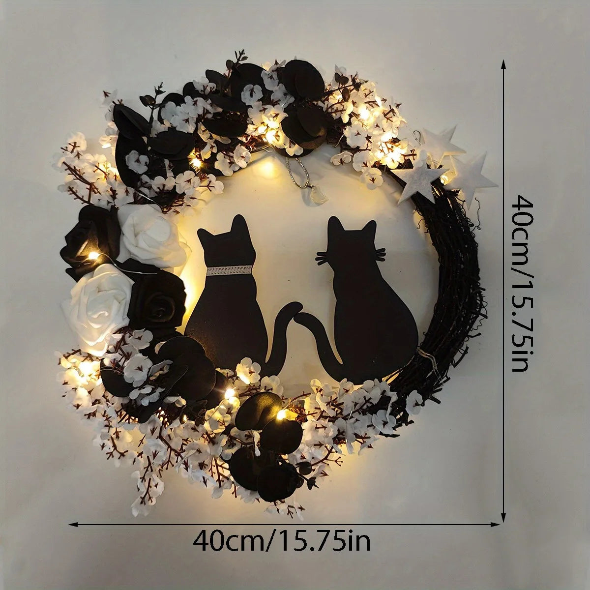 Black Cat Halloween Wreath – Crescent Spooky Front Door Décor