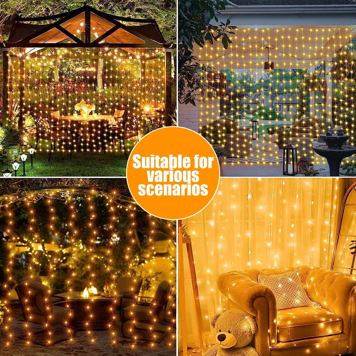 Solar Curtain String Lights – 8-Mode Outdoor Fairy Lights for Garden & Patio