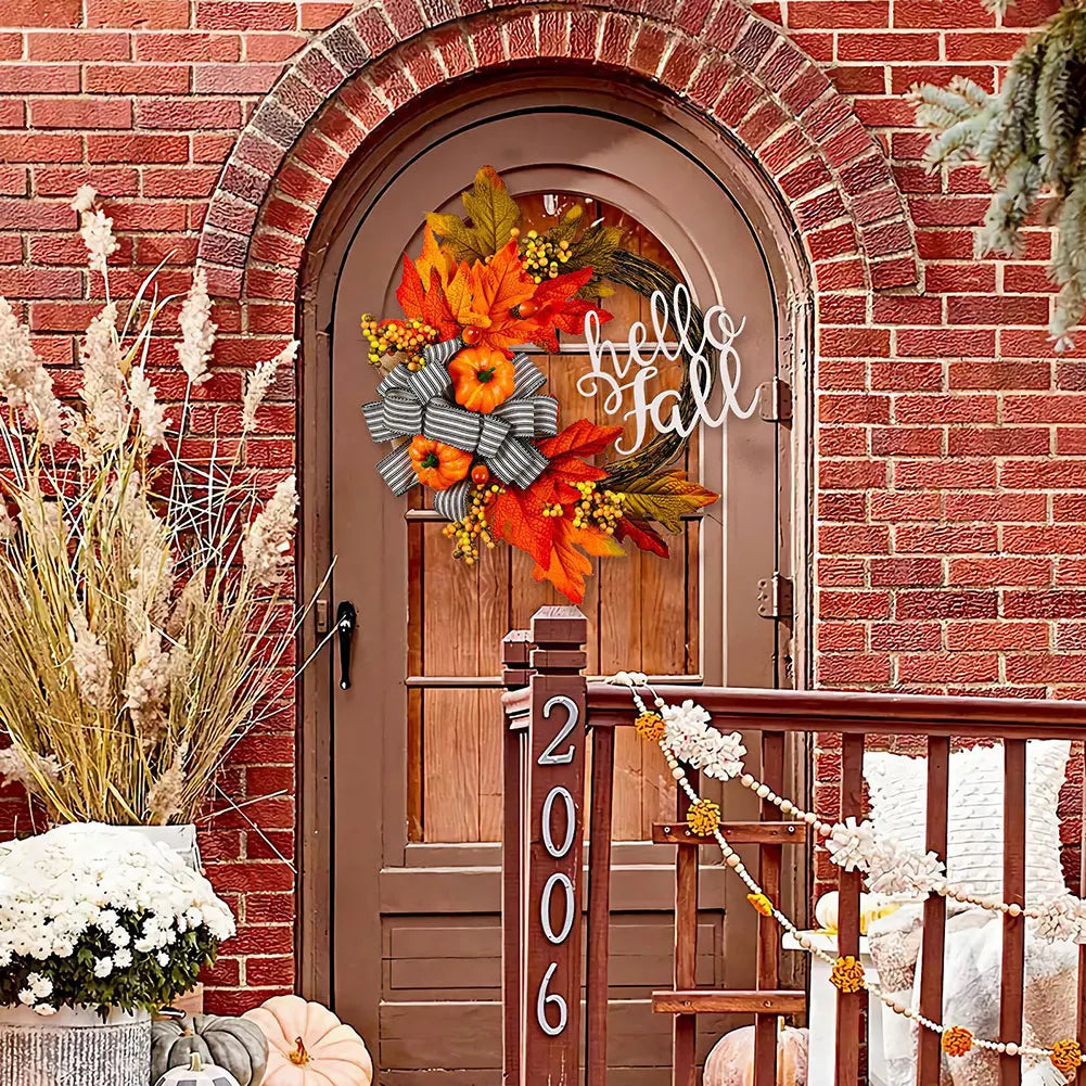 40cm Maple Leaf Pumpkin Wreath Thanksgiving Garland Door Hanger Front Door Autumn Wreath for Thanksgiving Harvest Party Decor