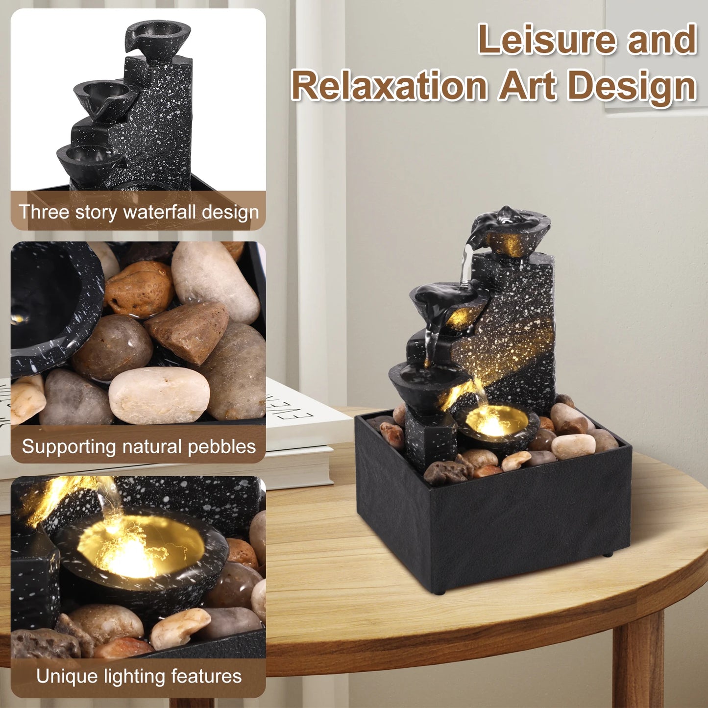 Art Waterfall Tabletop Fountain – Mini Zen Desktop Decor with LED Light & Pebbles
