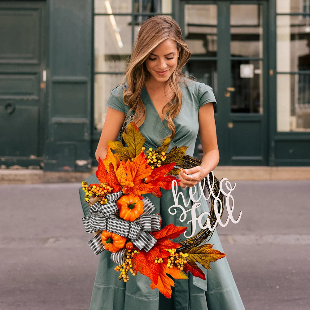 40cm Maple Leaf Pumpkin Wreath Thanksgiving Garland Door Hanger Front Door Autumn Wreath for Thanksgiving Harvest Party Decor