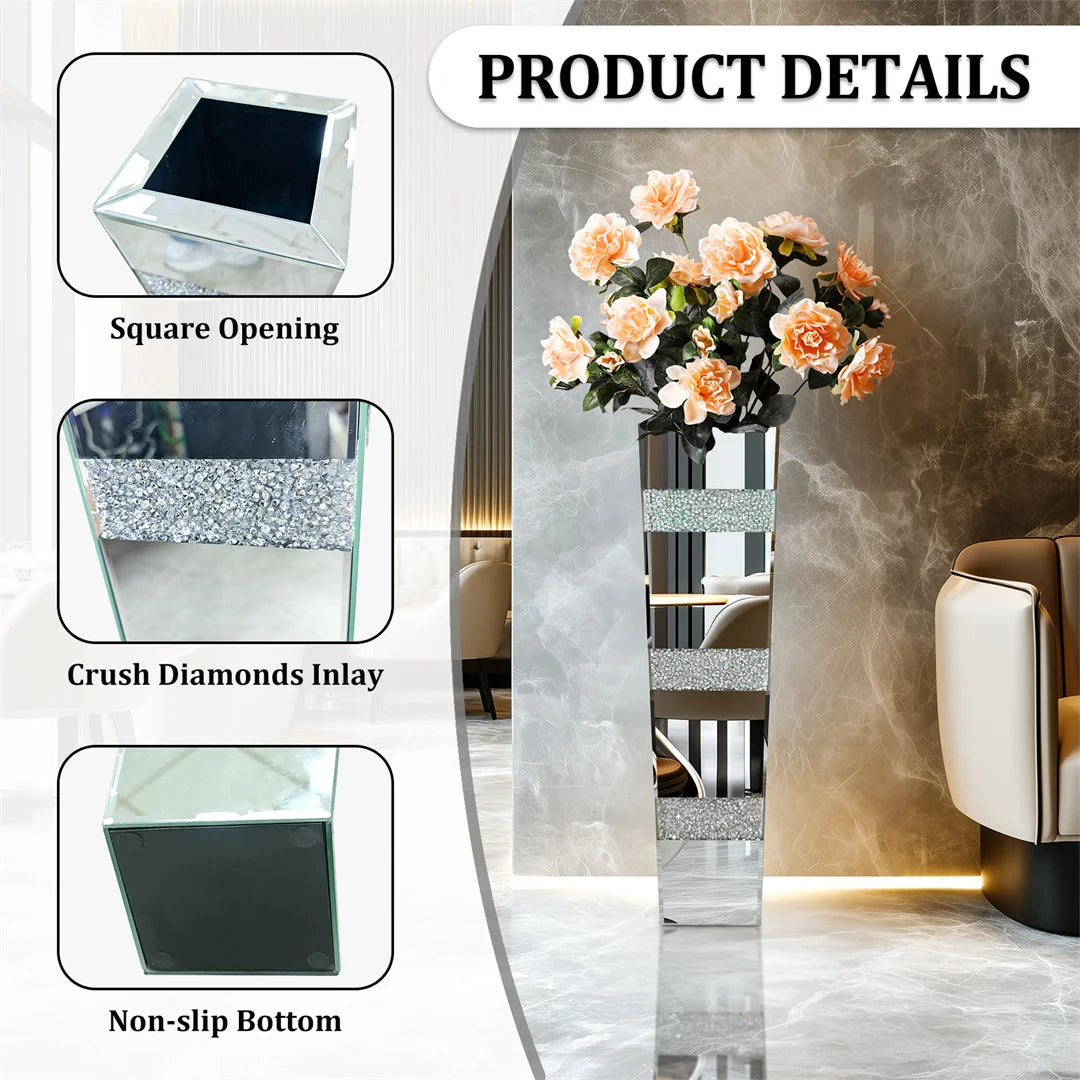 Modern Crystal Silver Mirrored Floor Vase – Luxury Decorative Standing Flower Vase