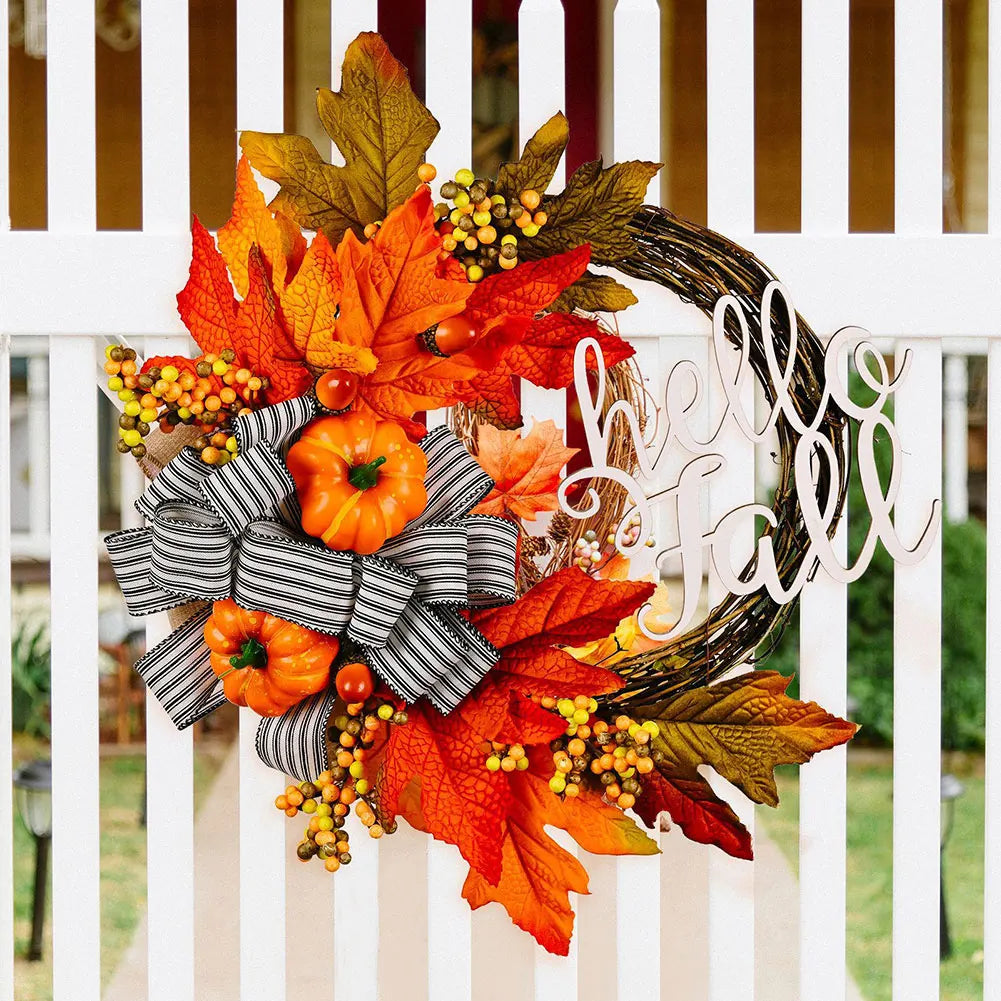 40cm Maple Leaf Pumpkin Wreath Thanksgiving Garland Door Hanger Front Door Autumn Wreath for Thanksgiving Harvest Party Decor