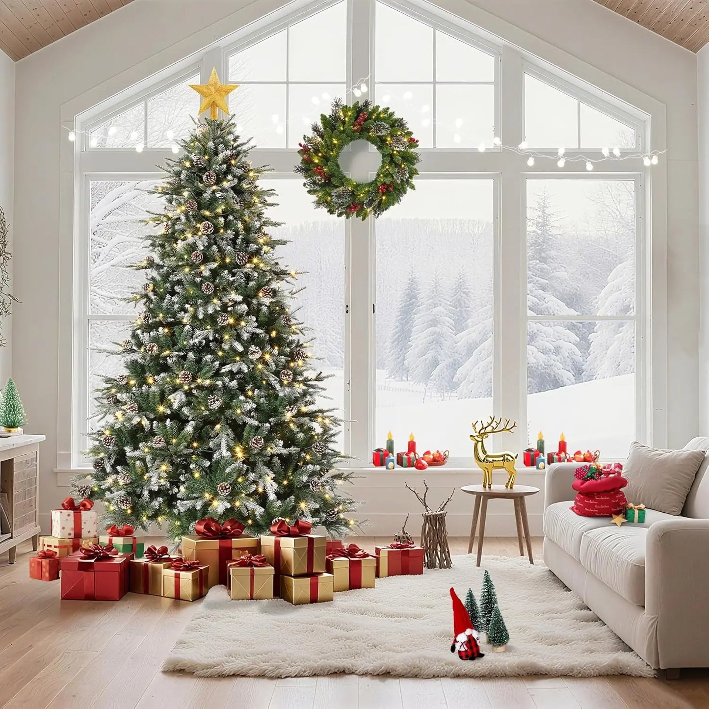 Pre-Lit Snow Flocked Slim Christmas Tree – 6ft/7.5ft/9ft Artificial Tree with LED Lights & Pine Cones