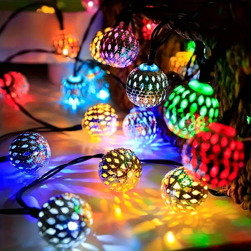 Solar Moroccan Metal String Lights – Colorful Outdoor Fairy Lights for Holidays