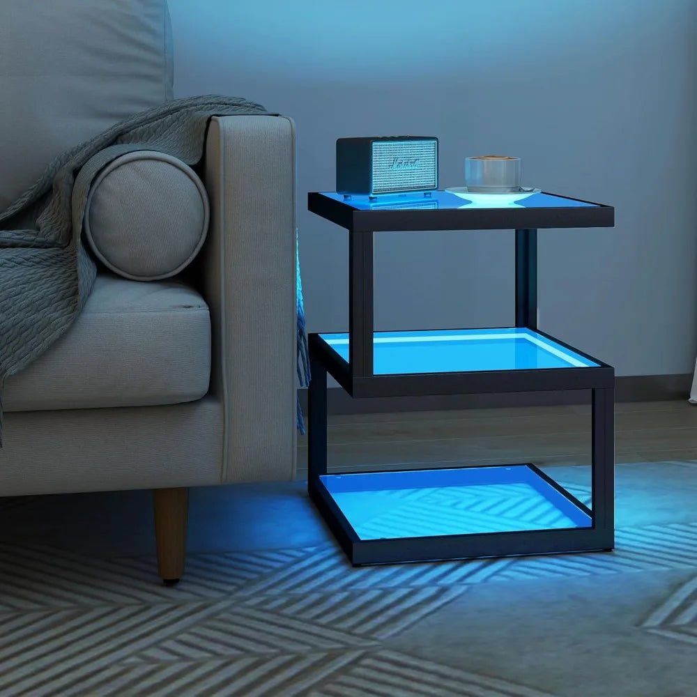 3-Tier Glass Table with LED Strip – Modern S-Shaped Metal Side Table
