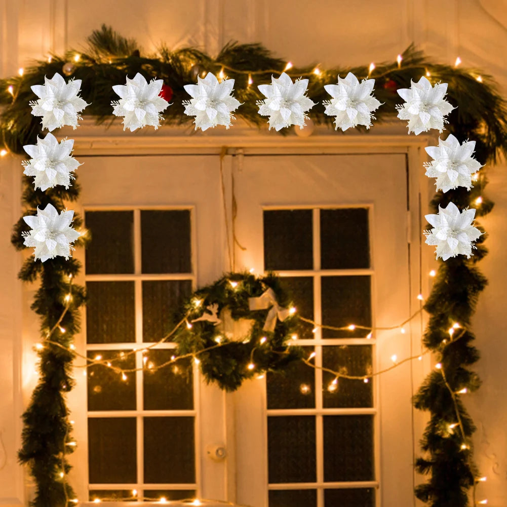 12/24/36Pcs Glitter Poinsettia Christmas Flowers Ornaments