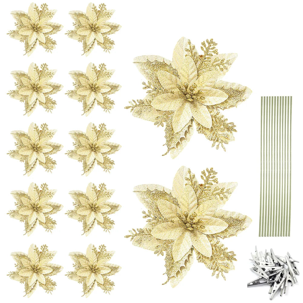 12/24/36Pcs Glitter Poinsettia Christmas Flowers Ornaments