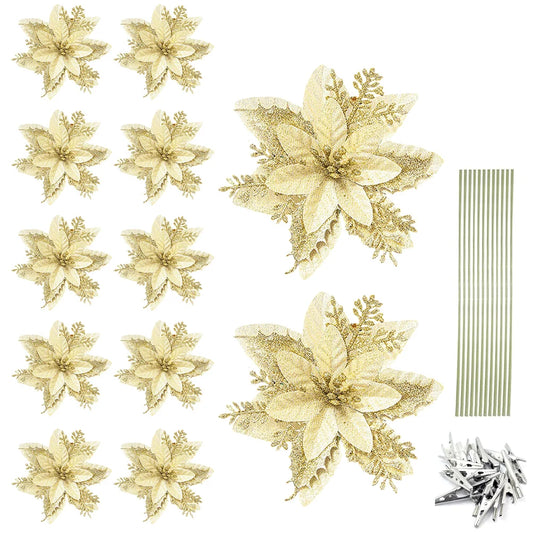 12/24/36Pcs Glitter Poinsettia Christmas Flowers Ornaments