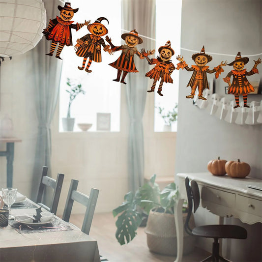 Retro Halloween Wooden Garland – 6PCS Jack-o’-Lantern & Witch Banner