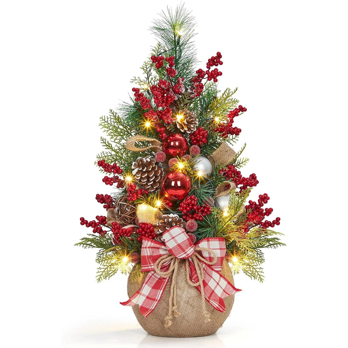24-Inch Pre-Lit Mini Christmas Tree with Ornaments & Bow