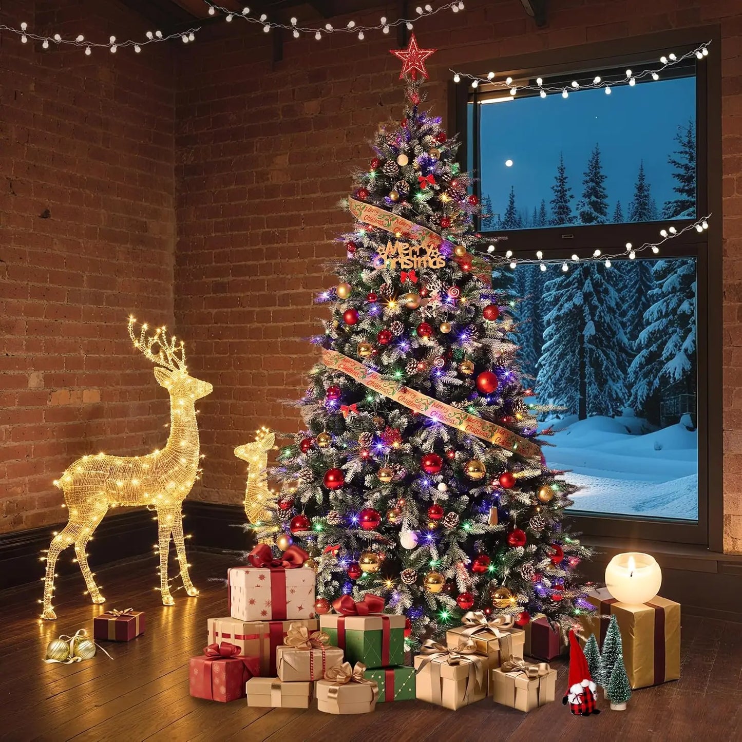 Pre-Lit Snow Flocked Slim Christmas Tree – 6ft/7.5ft/9ft Artificial Tree with LED Lights & Pine Cones