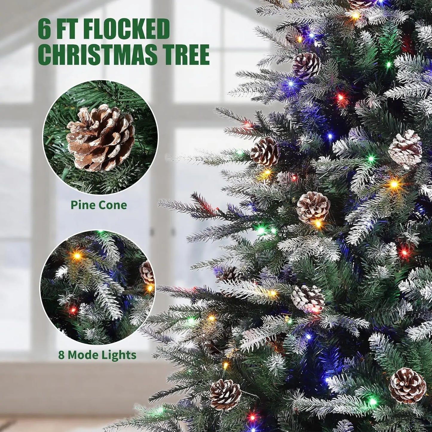 Pre-Lit Snow Flocked Slim Christmas Tree – 6ft/7.5ft/9ft Artificial Tree with LED Lights & Pine Cones