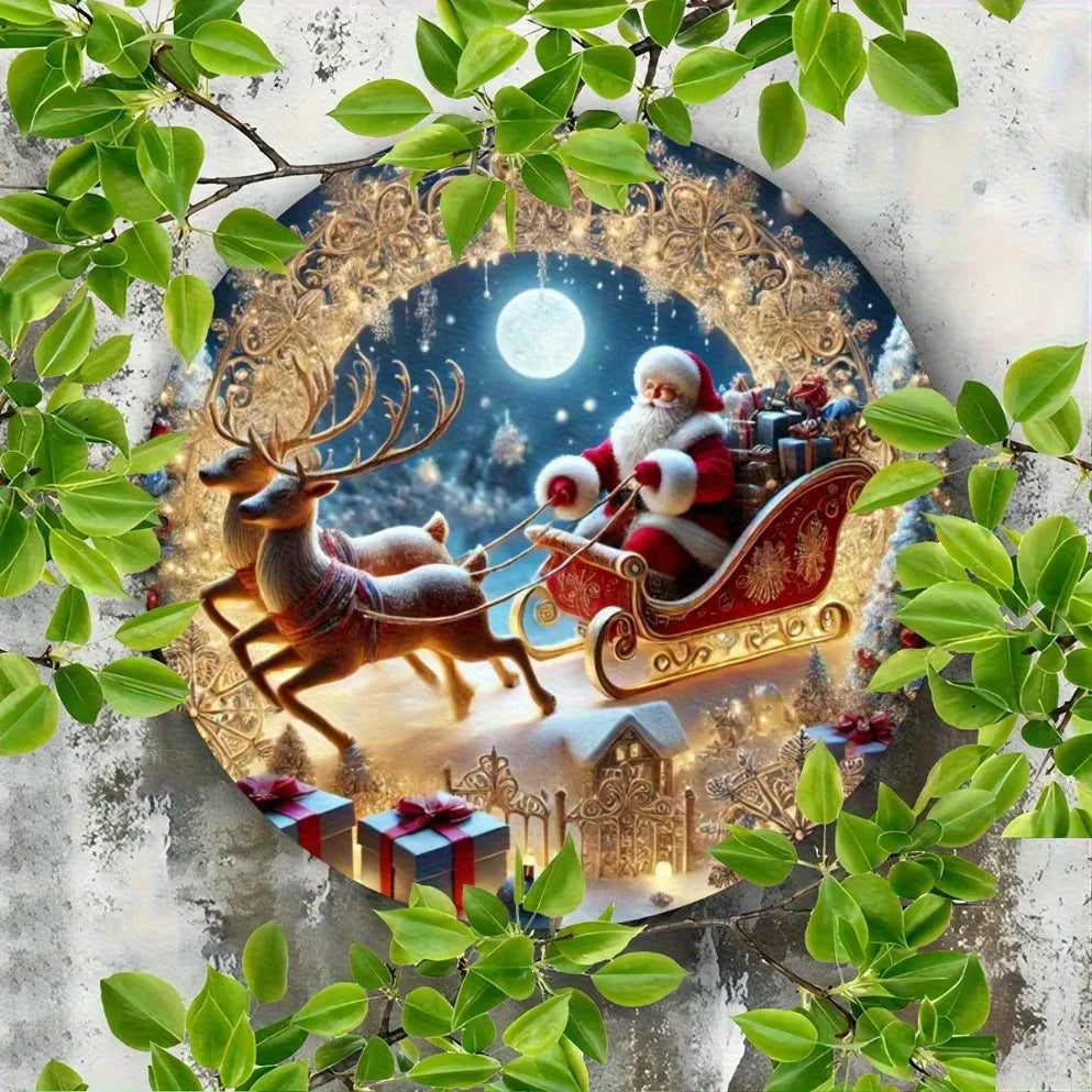 Santa Claus Sleigh Round Metal Wall Sign – Festive Aluminum Christmas Decor