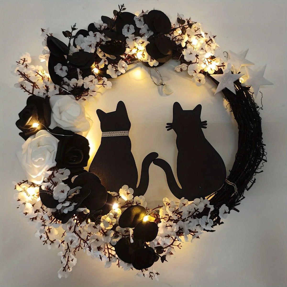 Black Cat Halloween Wreath – Crescent Spooky Front Door Décor