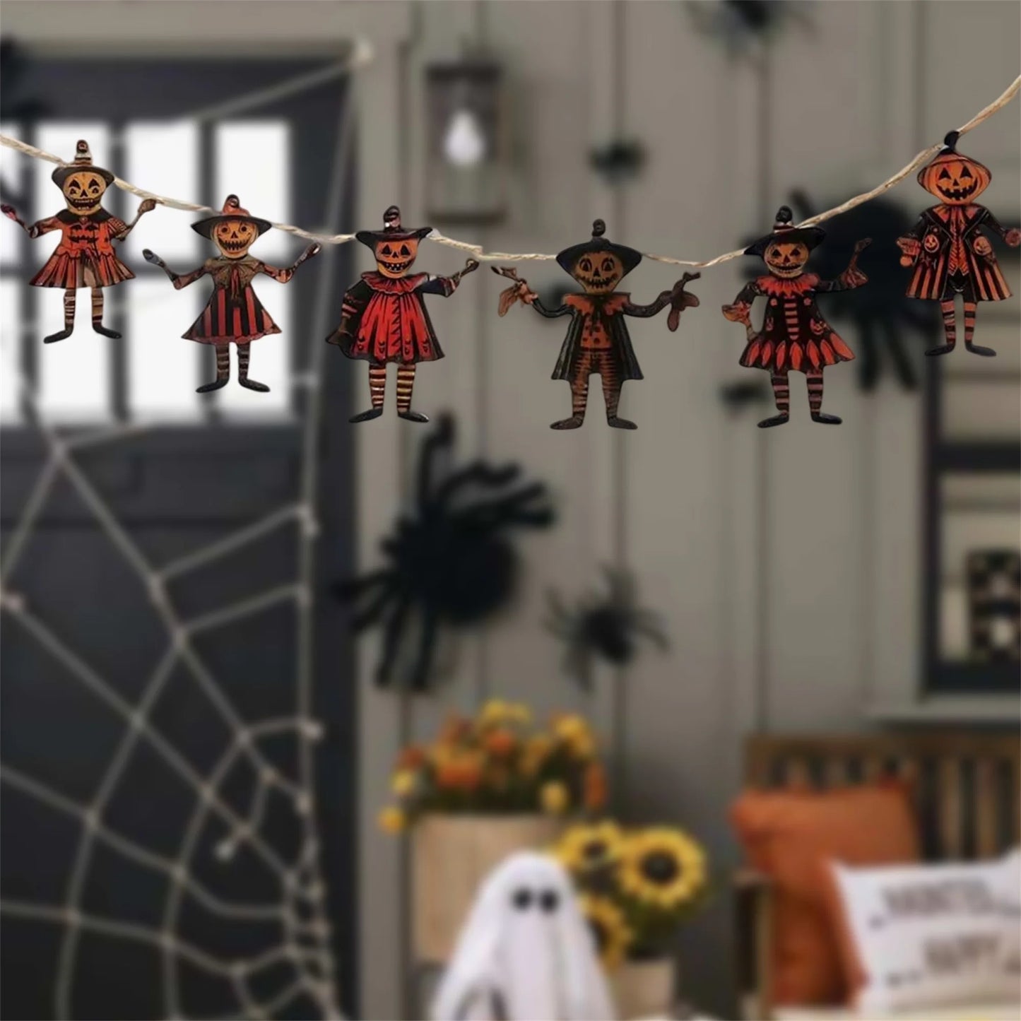Retro Halloween Wooden Garland – 6PCS Jack-o’-Lantern & Witch Banner
