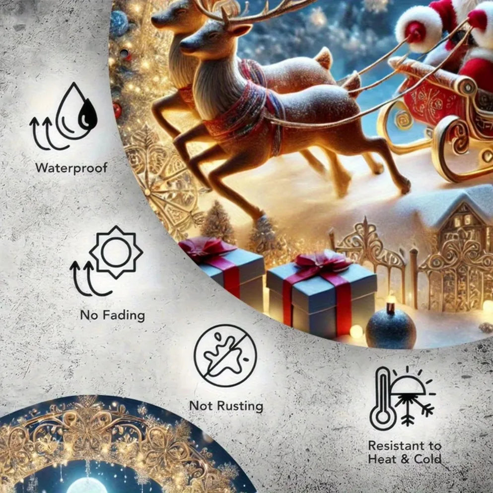 Santa Claus Sleigh Round Metal Wall Sign – Festive Aluminum Christmas Decor