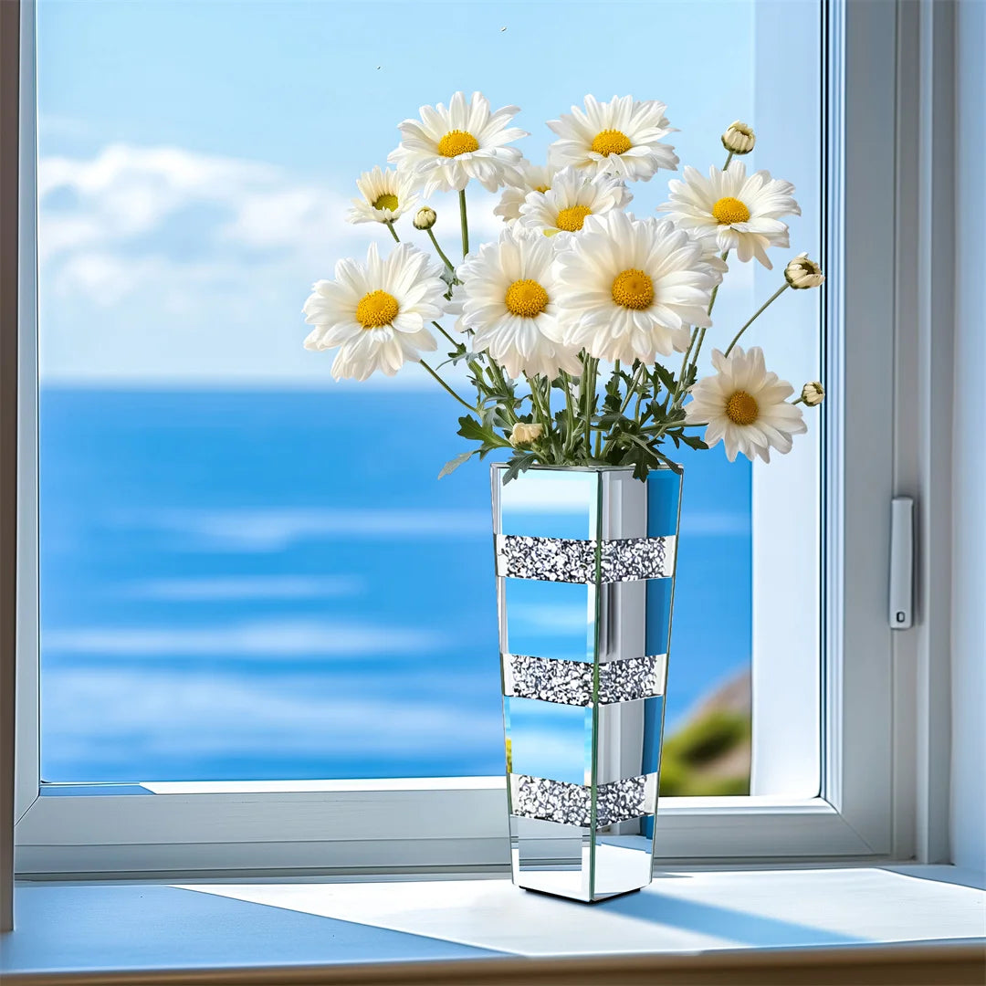 Modern Crystal Silver Mirrored Floor Vase – Luxury Decorative Standing Flower Vase