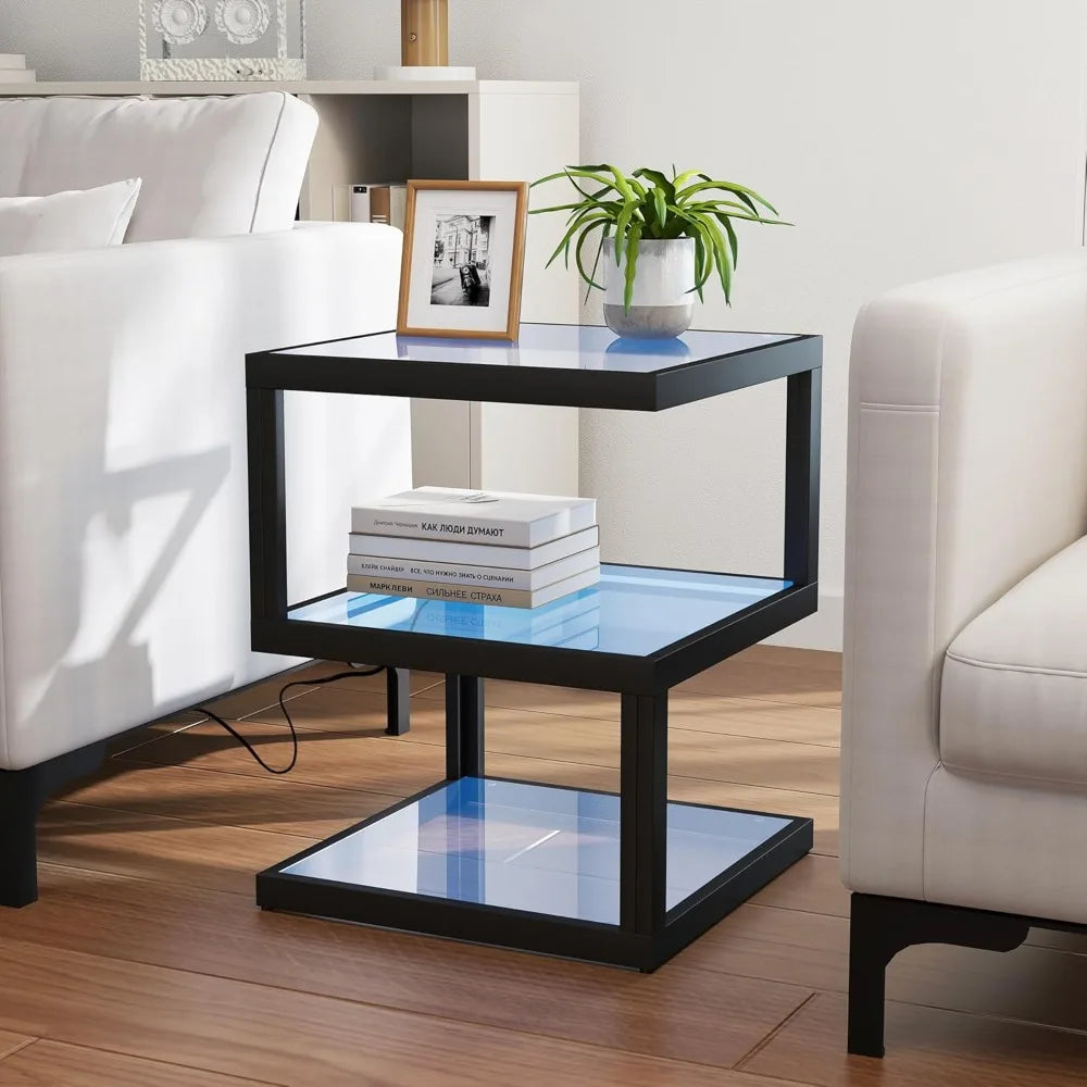 3-Tier Glass Table with LED Strip – Modern S-Shaped Metal Side Table