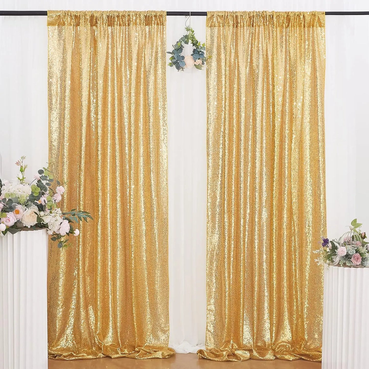 4-Pack Gold Sequin Backdrop Curtains – 2×8FT Glitter Fabric Panels for Parties & Weddings