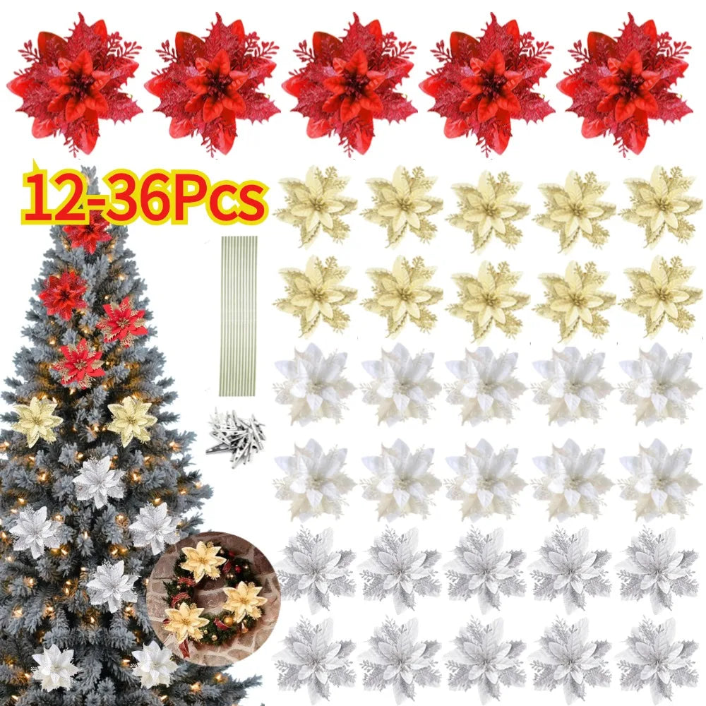 12/24/36Pcs Glitter Poinsettia Christmas Flowers Ornaments