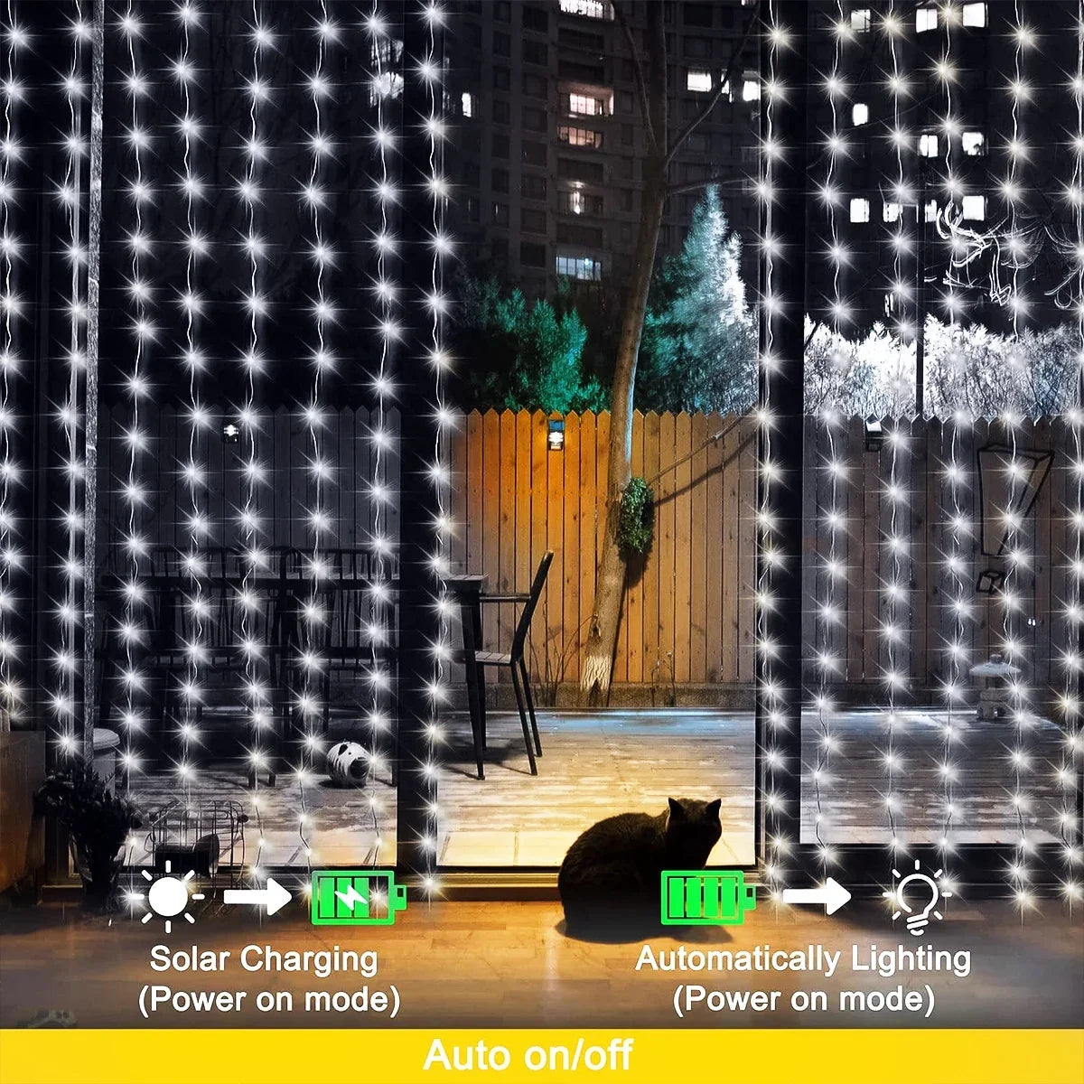 Solar Curtain String Lights – 8-Mode Outdoor Fairy Lights for Garden & Patio