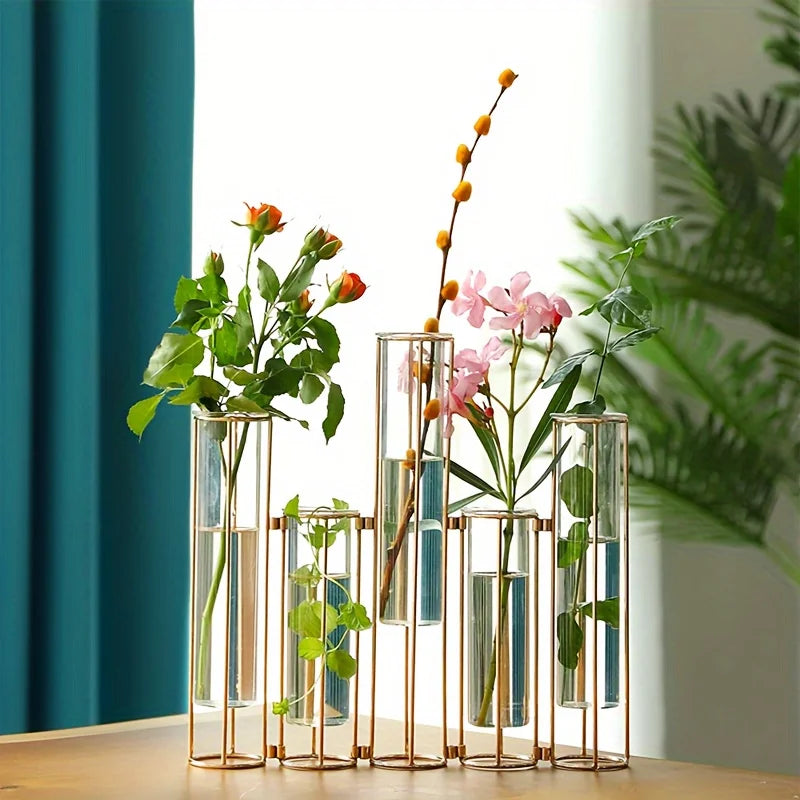 Gold Test Tube Vase with Metal Stand