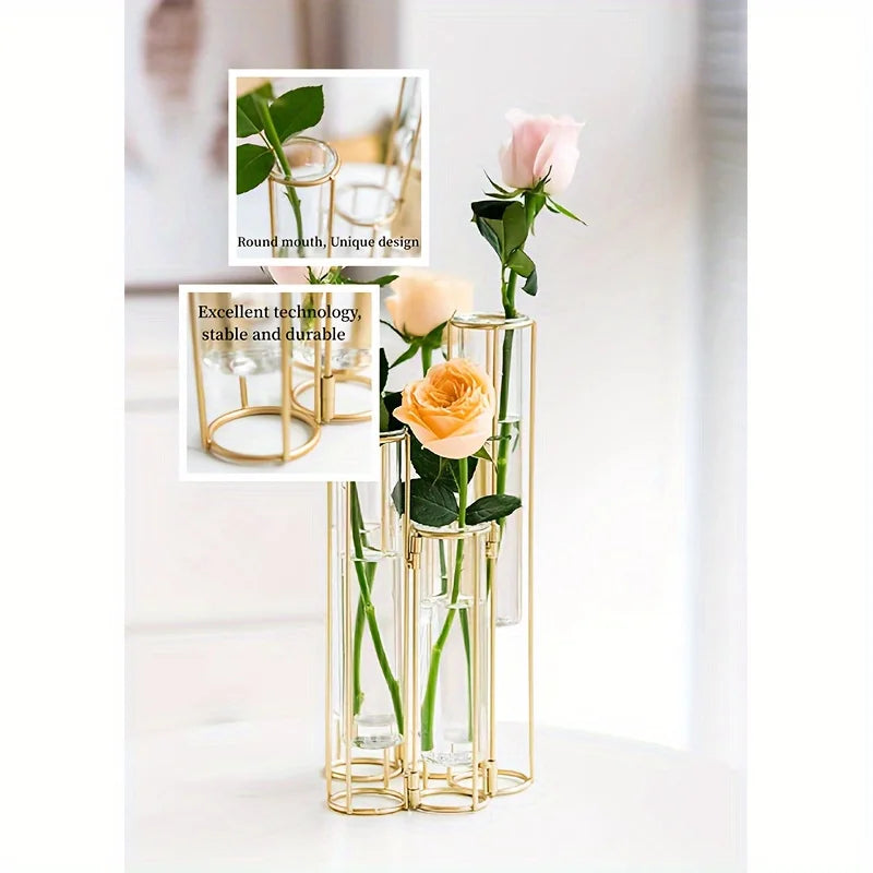 Gold Test Tube Vase with Metal Stand