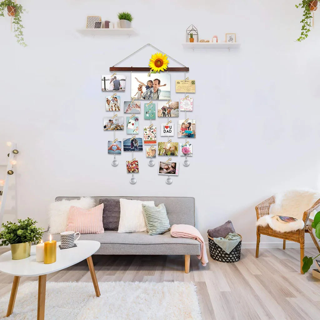 DIY Hanging Photo Display Frame – Rustic Wicker & Crystal Wall Decor