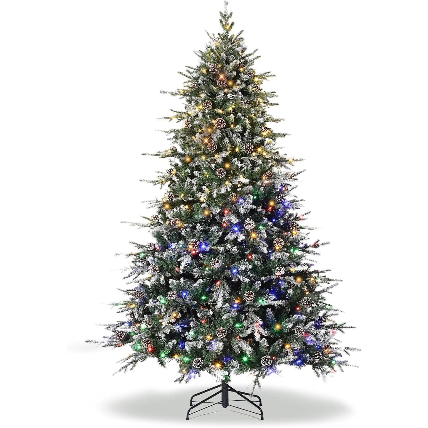 Pre-Lit Snow Flocked Slim Christmas Tree – 6ft/7.5ft/9ft Artificial Tree with LED Lights & Pine Cones