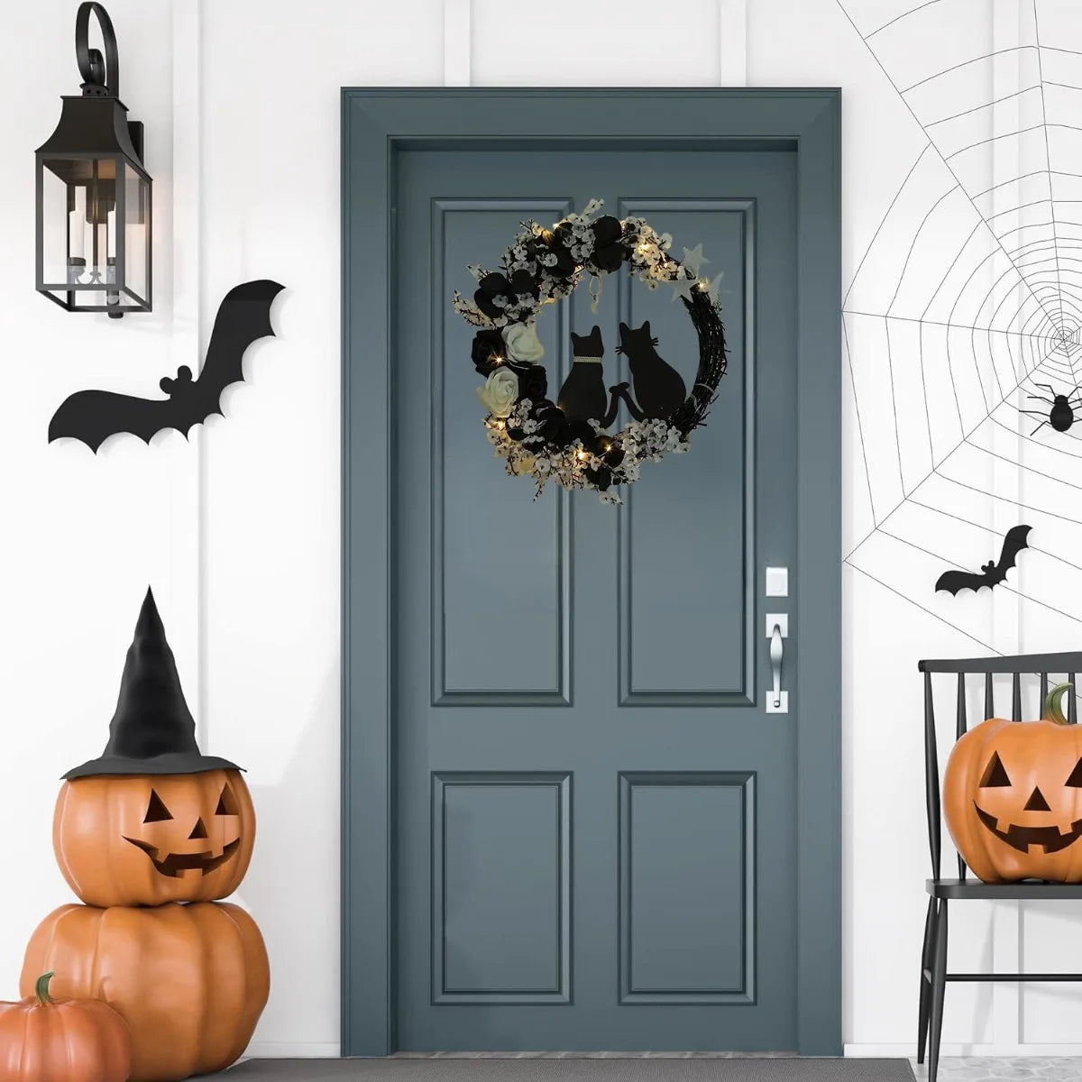 Black Cat Halloween Wreath – Crescent Spooky Front Door Décor