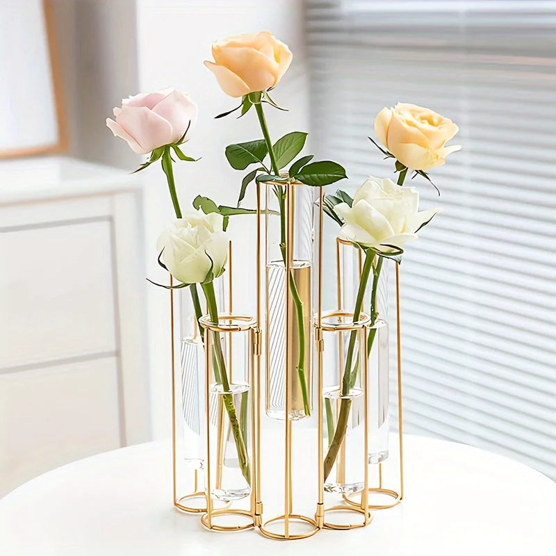 Gold Test Tube Vase with Metal Stand